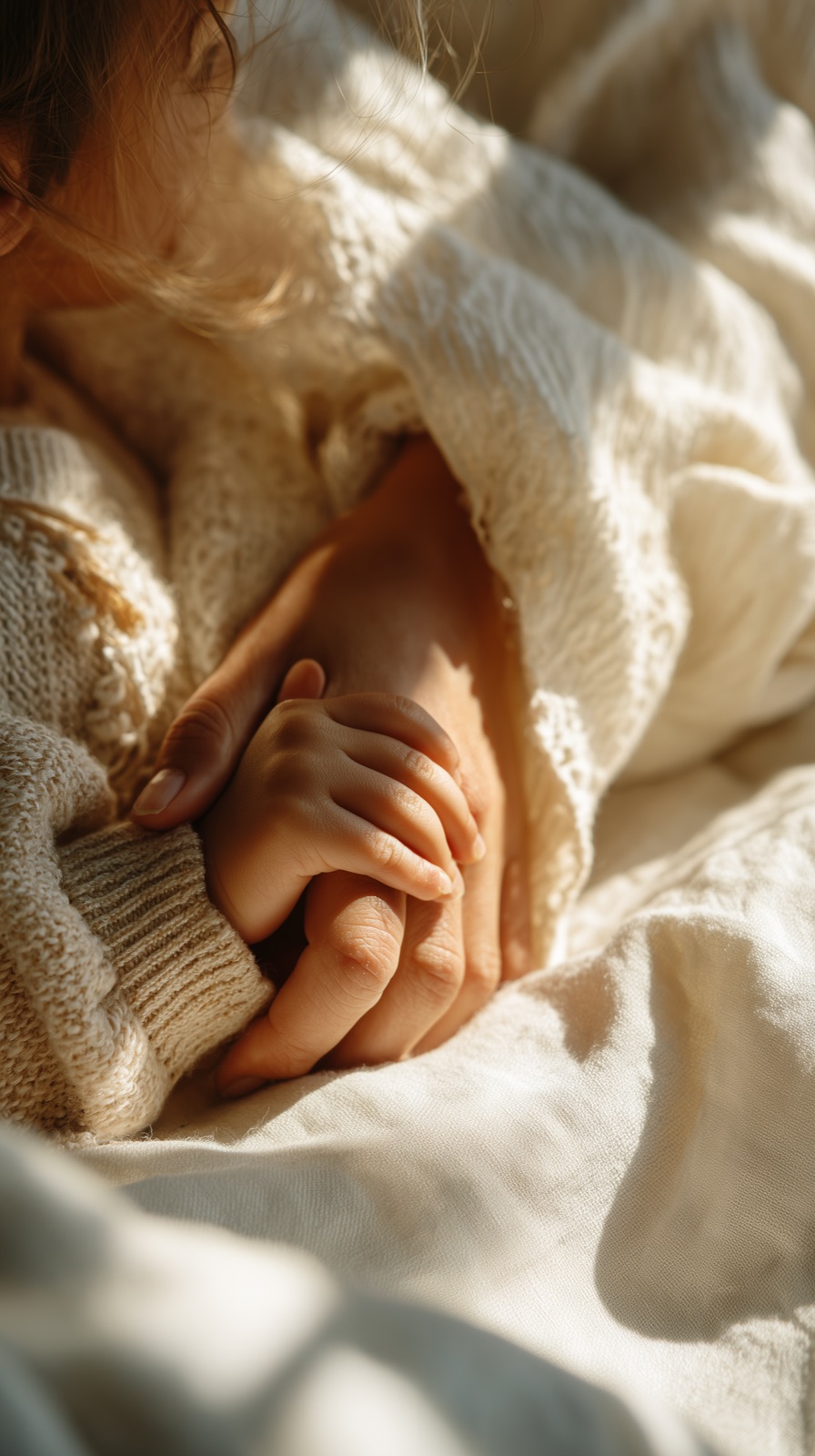 An adult cradling a child’s hand in soft light